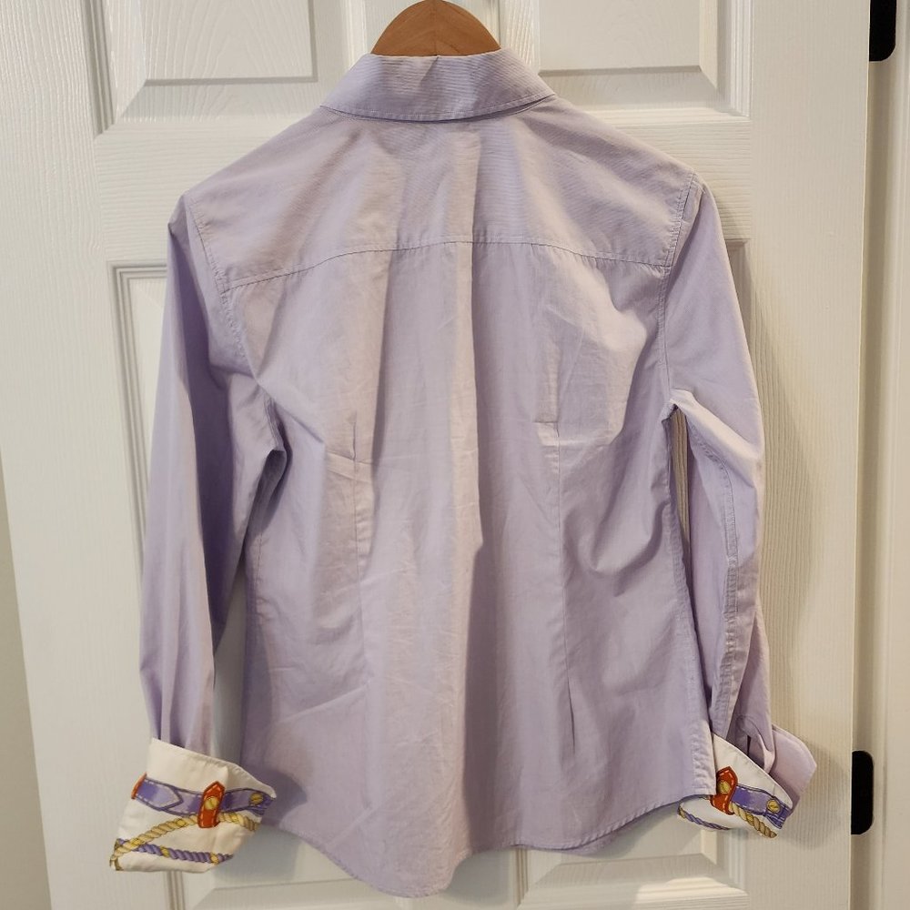 J. McLaughlin Purple Thin White Stripe Button Down Shirt with Silk cuffs Size 8 - Picture 8 of 14